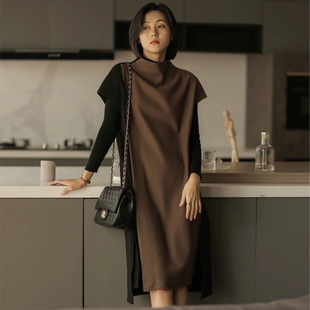 女装 无谓直筒开叉打底裙2023春季 新款 宽松显瘦拼接撞色气质连衣裙
