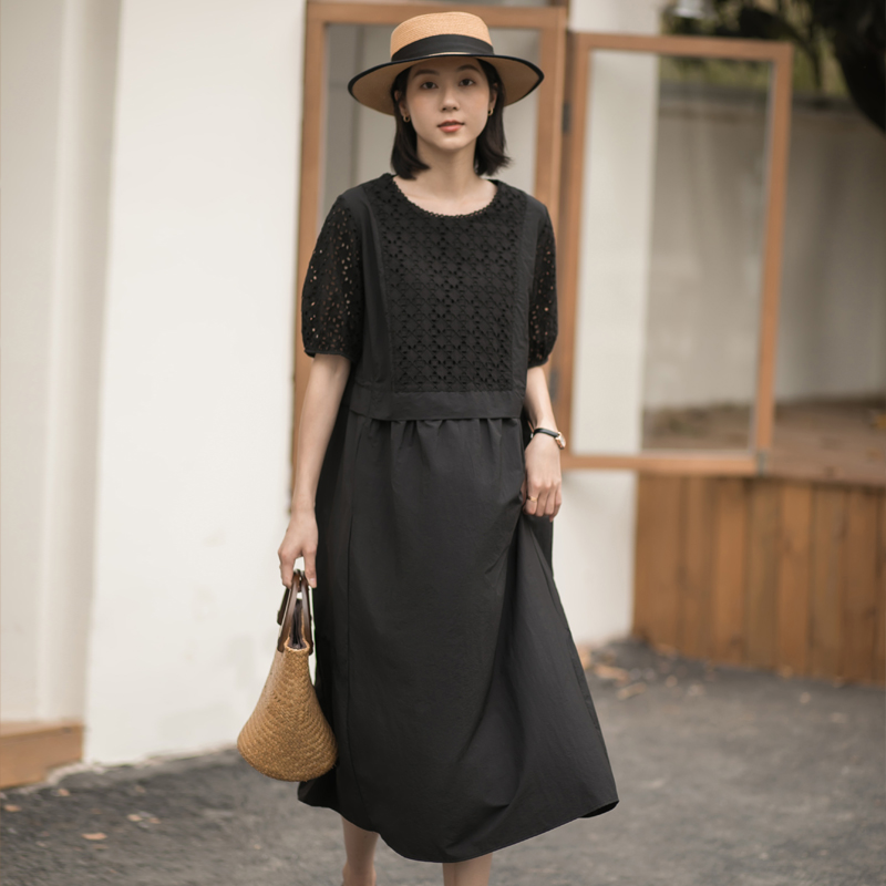 通勤文艺A字裙棉纯色镂空