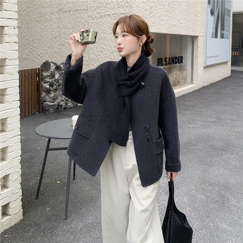 深灰色牛角扣双面羊绒大衣女2026秋冬新款高级感气质显瘦毛呢外套