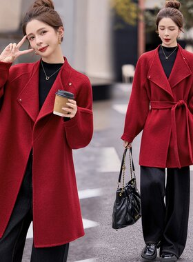红色结婚订婚敬酒新娘装2026秋冬新款收腰气质中长款双面羊绒大衣