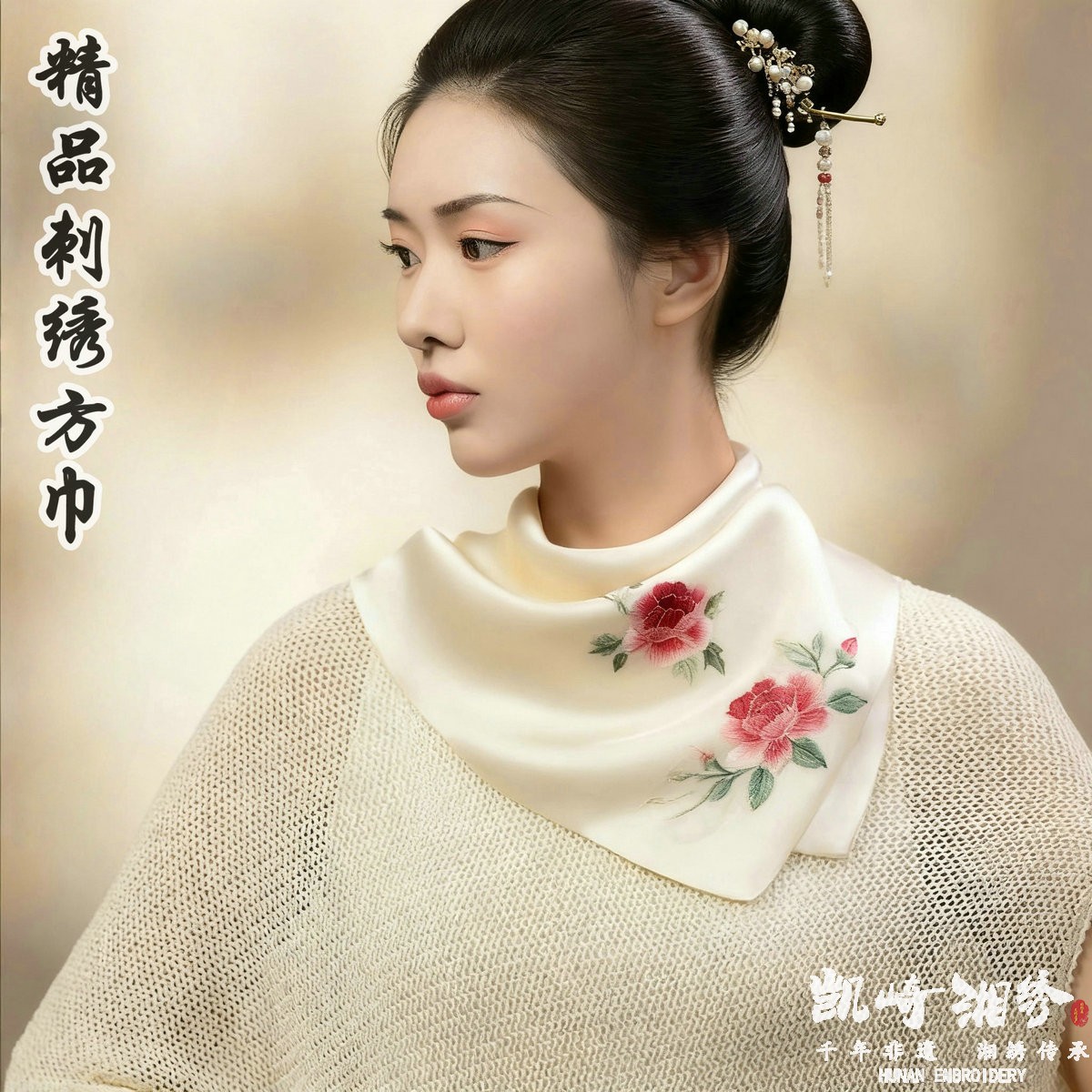 湘绣桑蚕丝绣花方巾桑蚕丝礼盒装图片