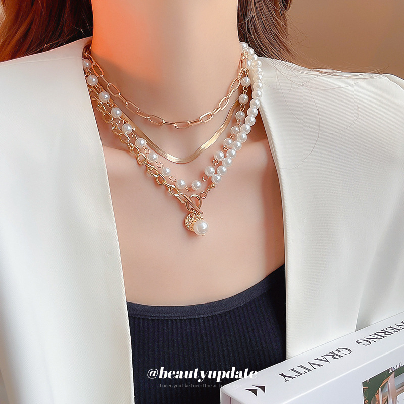 高级感蛇骨链高亮珍珠多层叠戴项链四件套气质时尚锁骨链轻奢颈链