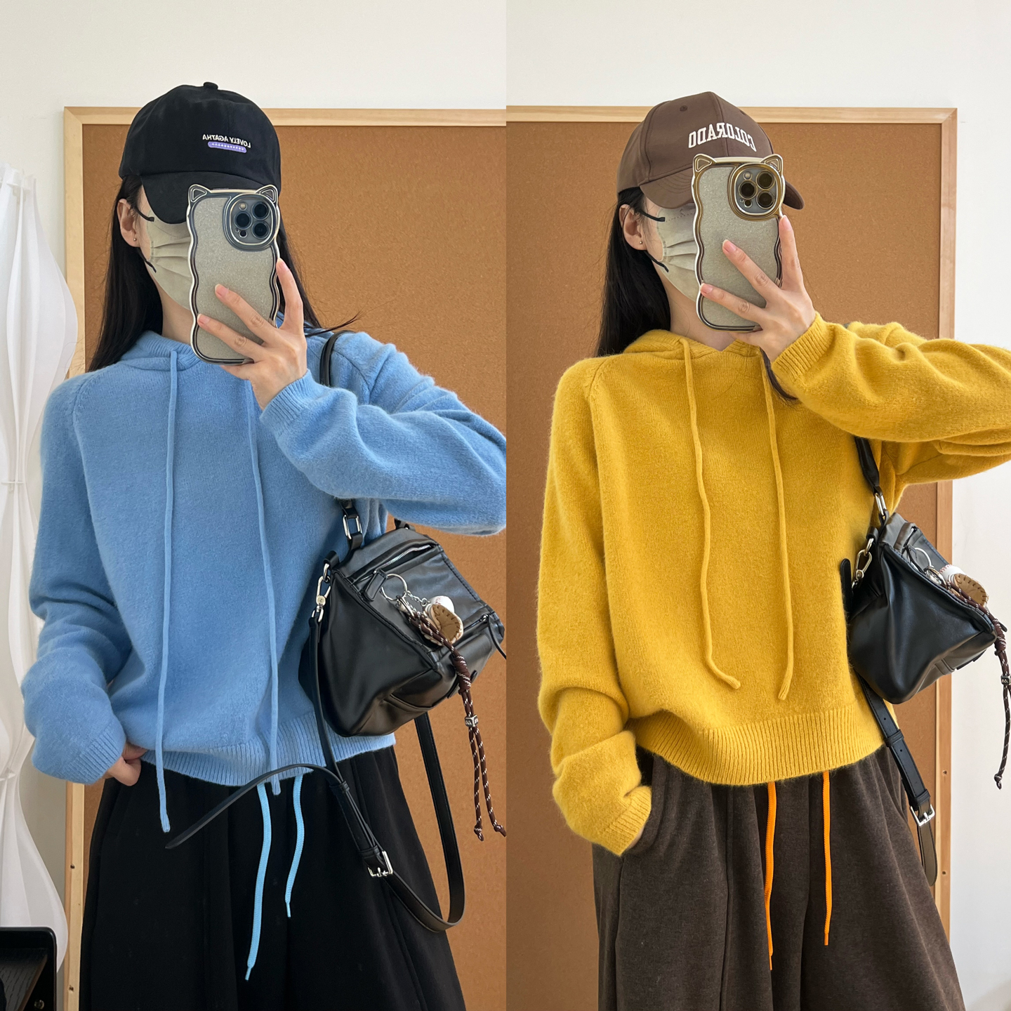 外穿内搭干净极简纯色连帽抽绳毛衣女秋冬多巴胺色氛围感针织上衣