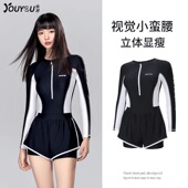 泳衣女保守带胸垫新款 沙滩 长袖 爆款 遮肚显瘦运动色ins风温泉泳装