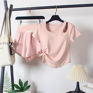 瑜伽服夏季套装2025新款短袖短裤镂空带胸垫跑步健身普拉提上衣女