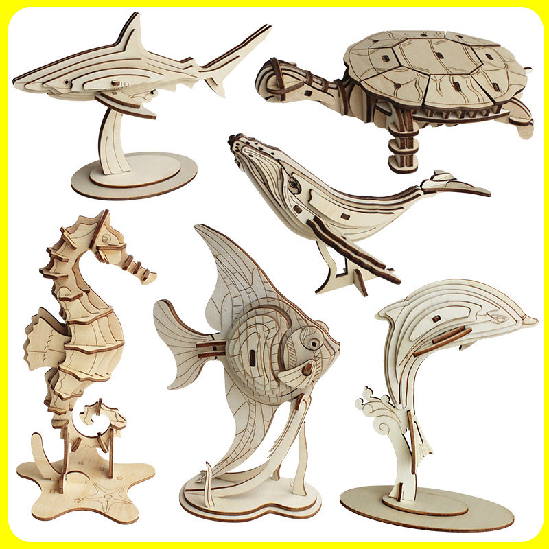 直销木制3D立体海洋世界拼图儿童新款手工拼装动物模型
