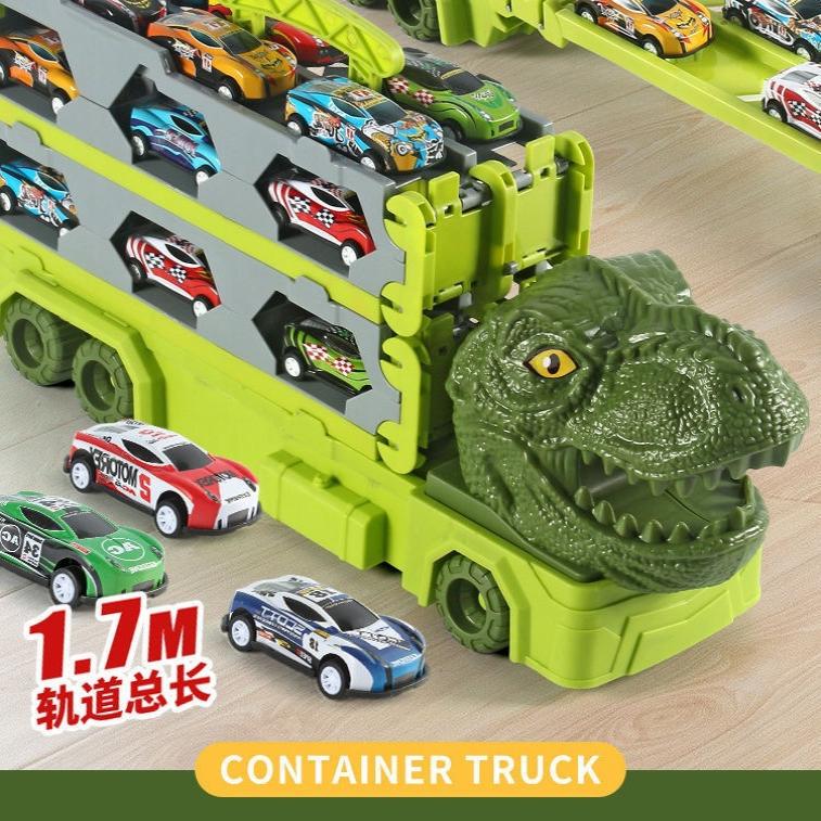 亚马逊大号仿真霸王龙三角龙变形轨道货柜弹射合金汽车收纳车
