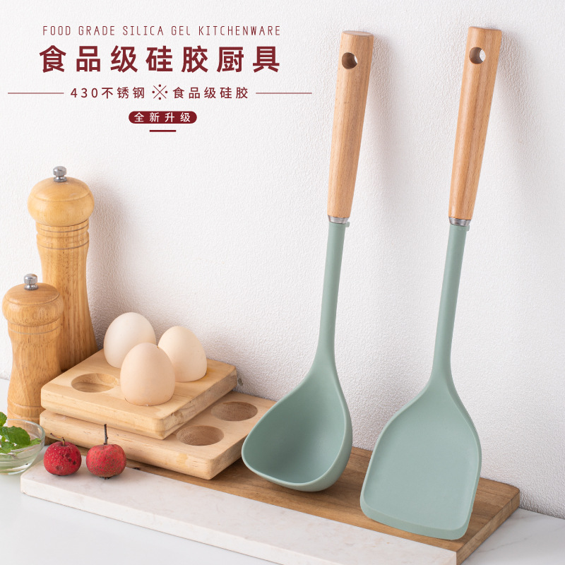.房工具木柄硅胶铲不粘锅多用炒菜铲子食品级硅胶铲套装耐高温汤