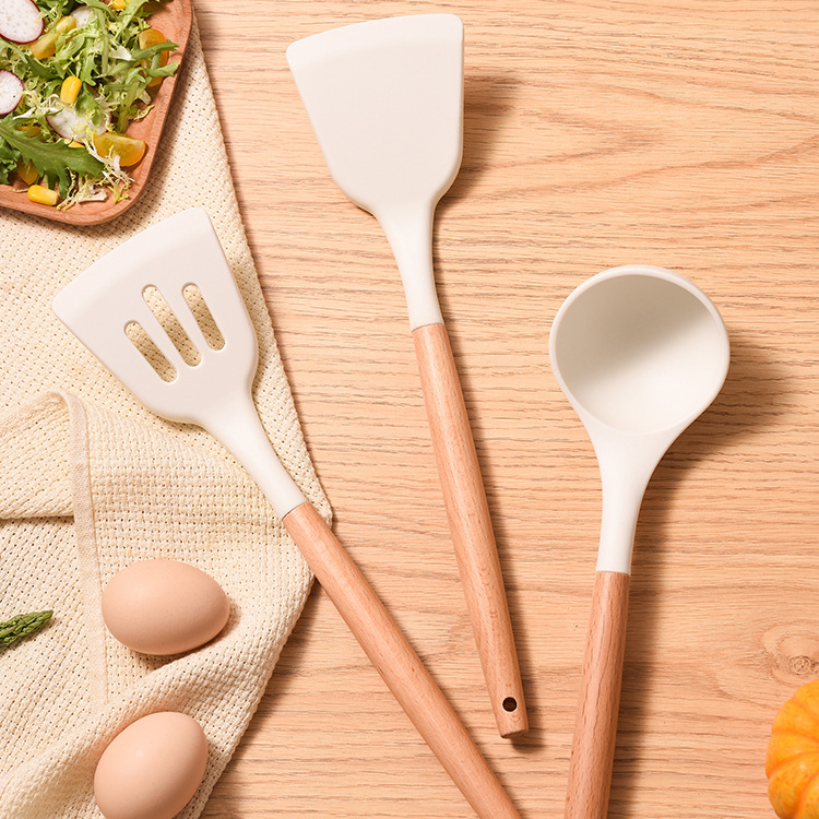 .木柄硅胶厨具套装硅胶锅铲汤勺家用套装不粘锅铲子厨房用品