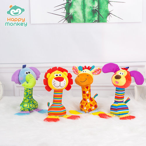 Happy Monkey婴儿牙胶手摇铃0-1岁BB叫卡通动物安抚毛绒玩具