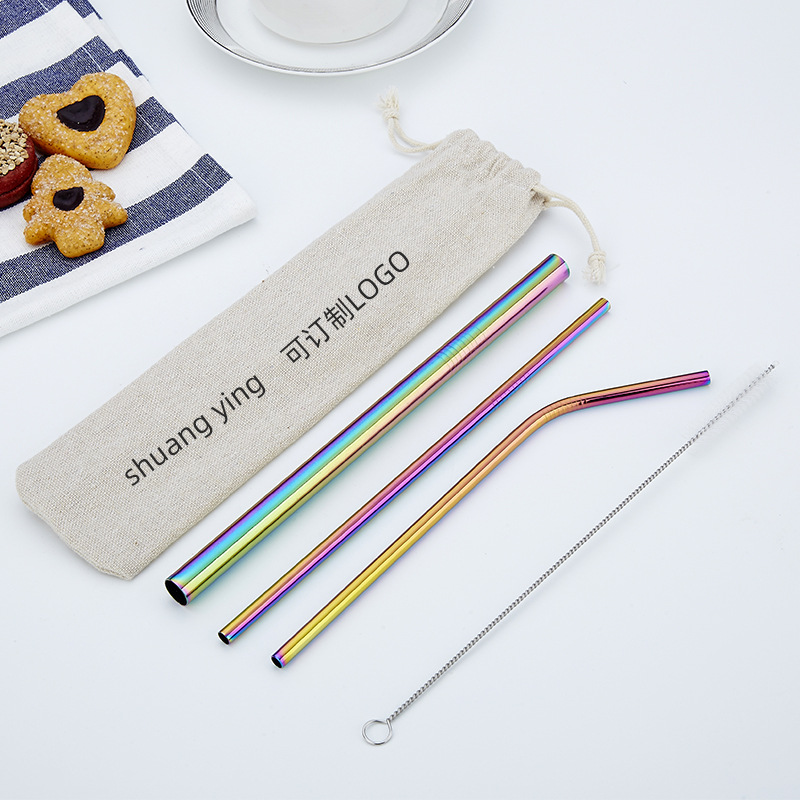 .VD镀钛304不锈钢吸管套装 彩色平口束口金属吸管 麻布袋吸管套装