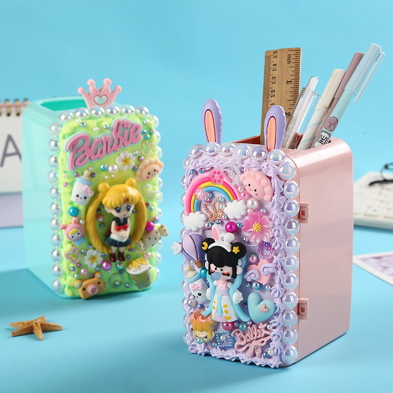 儿童diy奶油胶冰箱笔筒中小学生卡通创意桌面多功能收纳摆件