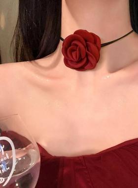 红色玫瑰花朵颈链2024新款choker颈花爆款新年项链脖子配饰女秋冬