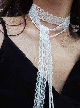 叠戴层次感白色蕾丝飘带女春夏百搭锁骨颈带项链甲状术后遮挡神器