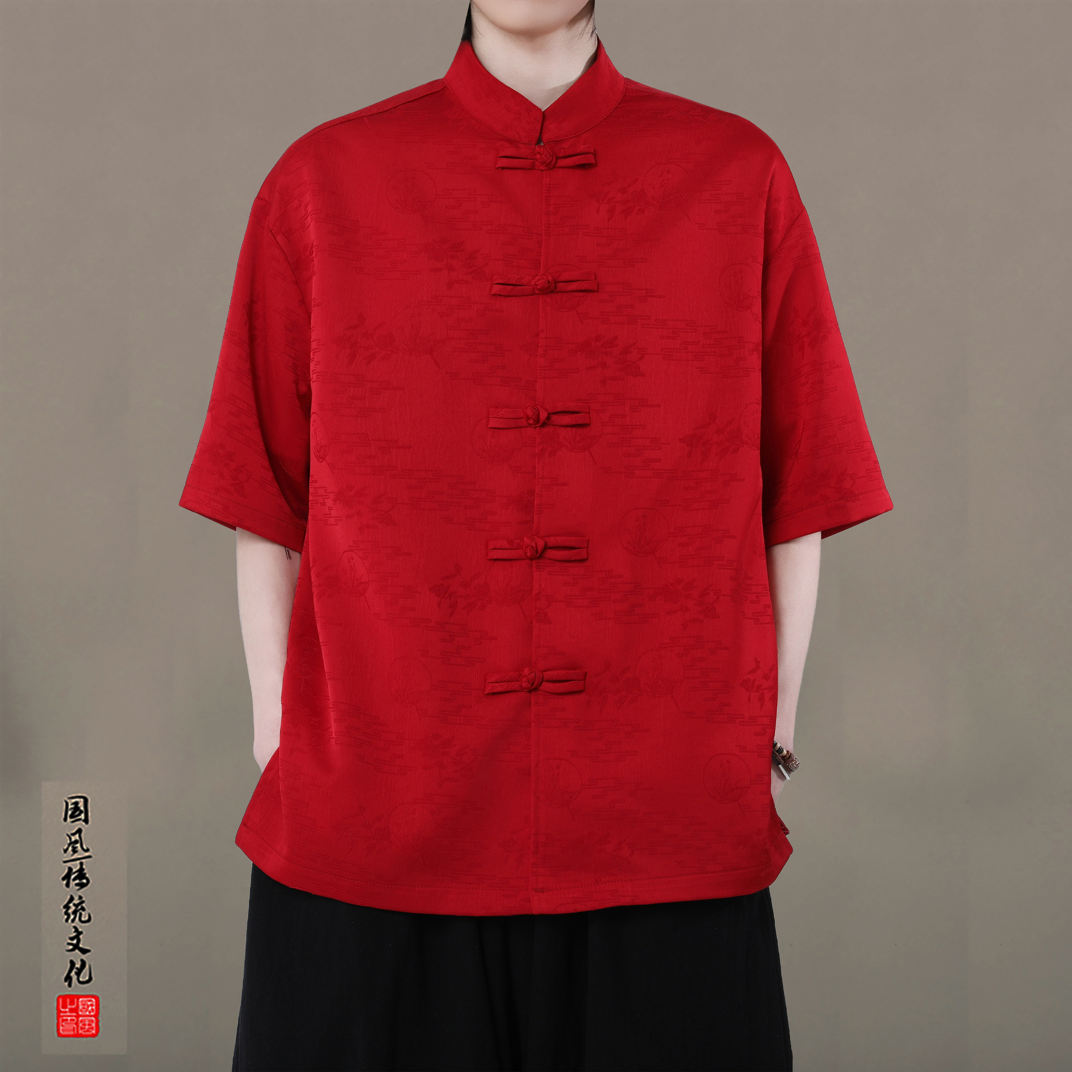 中式男装红色衬衫中国风立领唐装汉服中山装结婚衬衣年会表演衣服,男装,秀禾服,淘宝优惠券,粉丝福利购,淘宝优惠卷