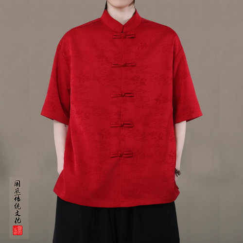 中式男装红色衬衫中国风