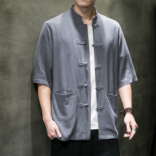 中老年高级唐装男款居士服中国风亚麻衬衫夏季短袖套装老头练功服