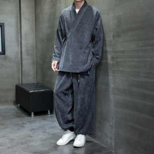 秋季新款中国风套装男中式改良交叉领汉服长袖外套居士服道袍禅意