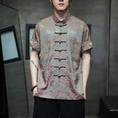 男士 夏季 短袖 唐装 红色衬衫 中山装 新中式 汉服男款 高档提花盘扣衬衣