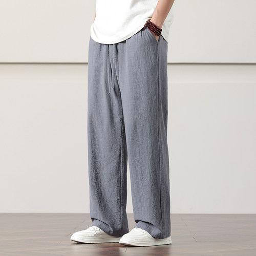 高端亚麻休闲裤男士夏季2024新款直筒纯棉麻唐装裤子中国风阔腿裤