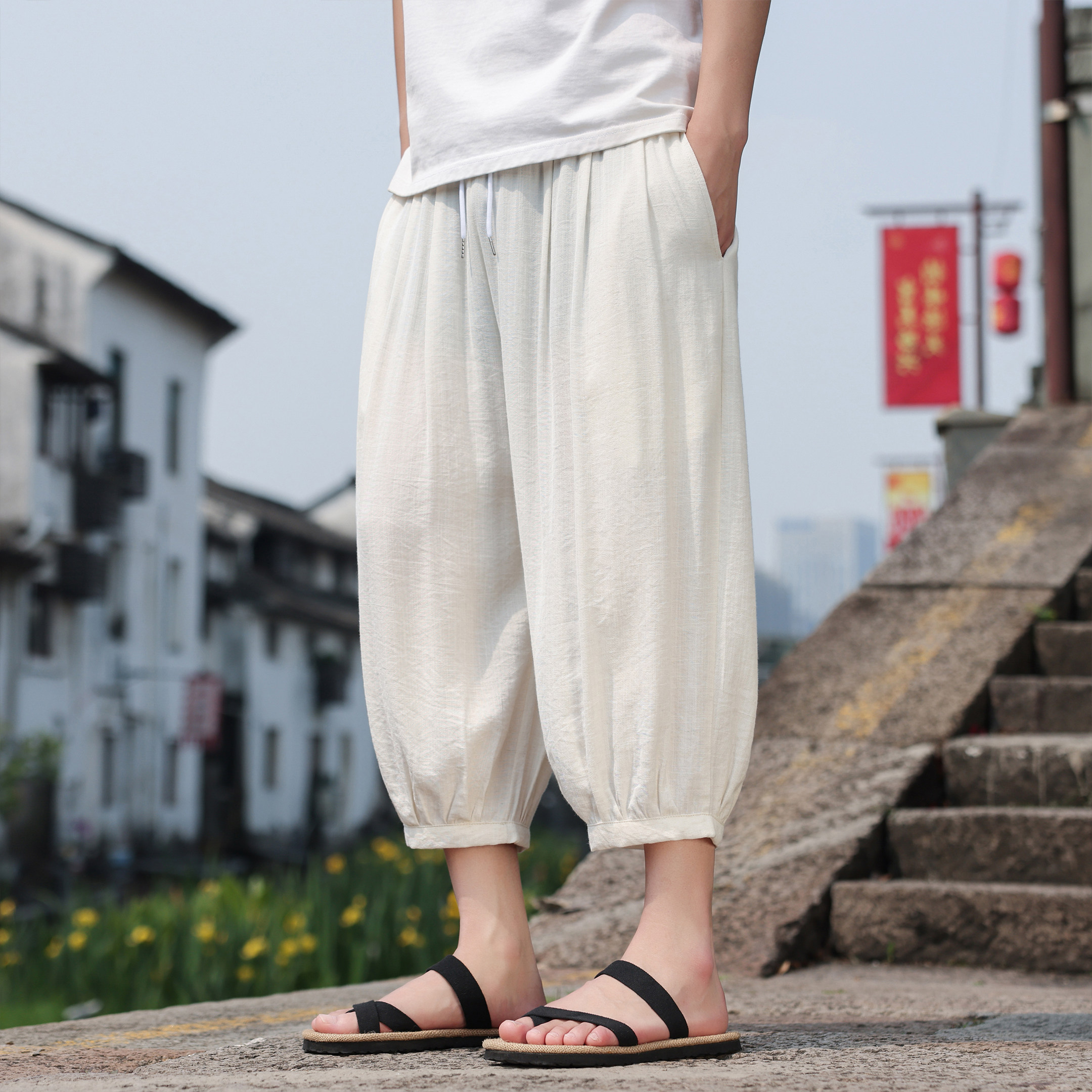 夏季薄款棉麻七分裤男中国风宽松透气垂感灯笼裤休闲阔腿马裤男款