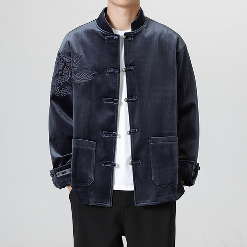 龙纹刺绣中国风盘扣唐装男鹿皮绒夹克汉服外套新中式改良中山装