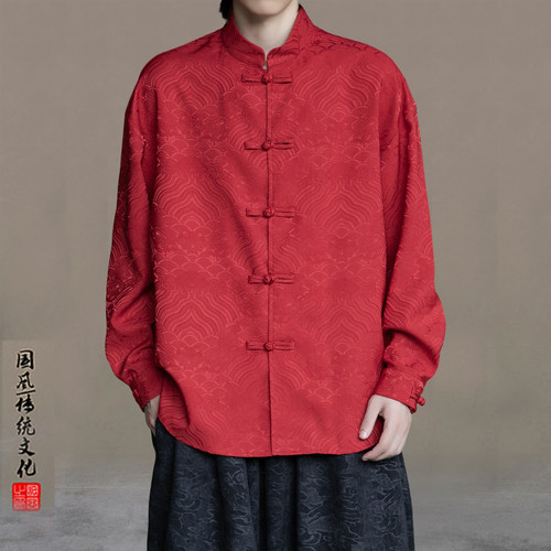 中国风唐装男红色衬衫