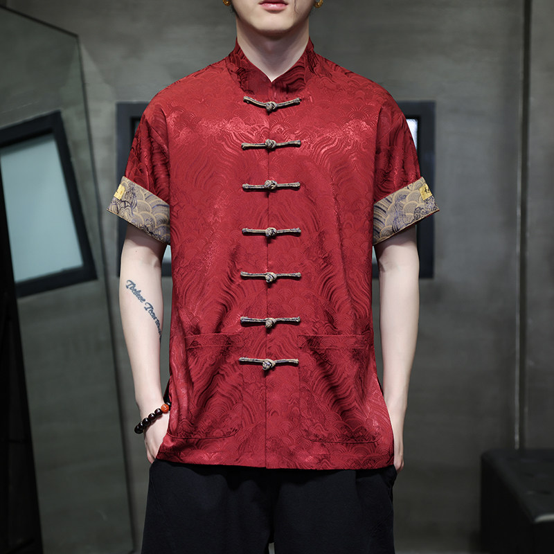 夏季红色衬衫男士短袖新中式复古唐装中山装提花盘扣t恤立领衬衣,男装,唐装,淘宝优惠券,粉丝福利购,淘宝优惠卷