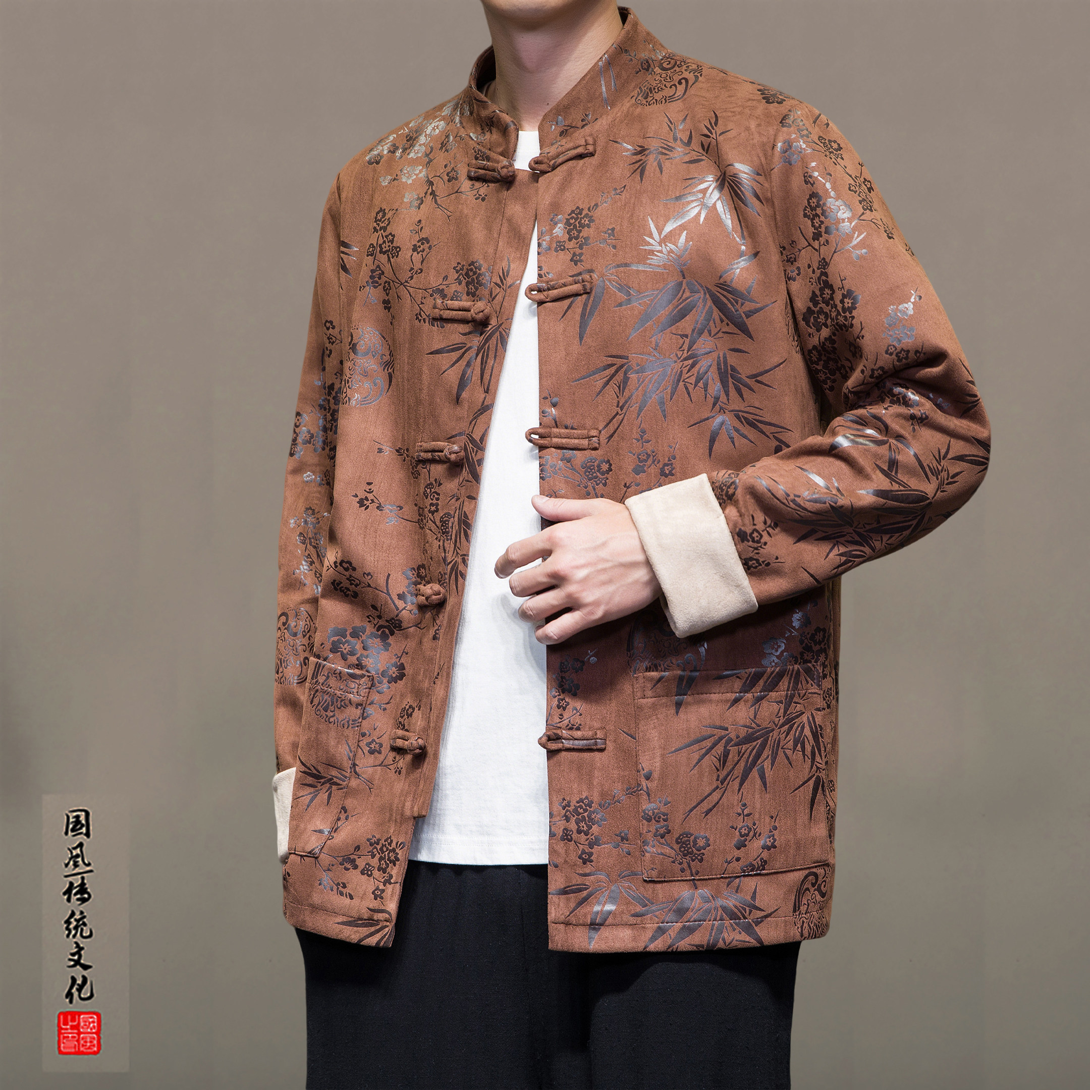 秋冬夹克外套男新中式复古鹿皮绒印花唐装汉服立领盘扣中山装外衣,男装,夹克,淘宝优惠券,粉丝福利购,淘宝优惠卷