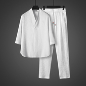 中国风男装 复古宽松大码 套装 夏季 汉服领中式 休闲茶服唐装 半袖 禅服