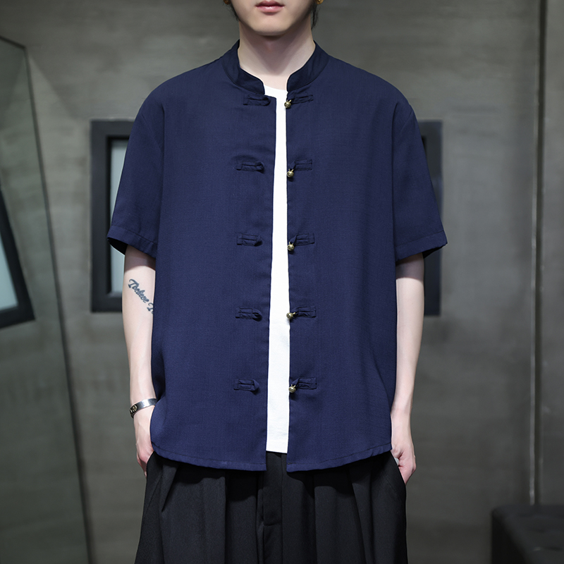 夏季新中式国风唐装男款衬衫大码立领短袖衬衣打座禅修服居士茶服