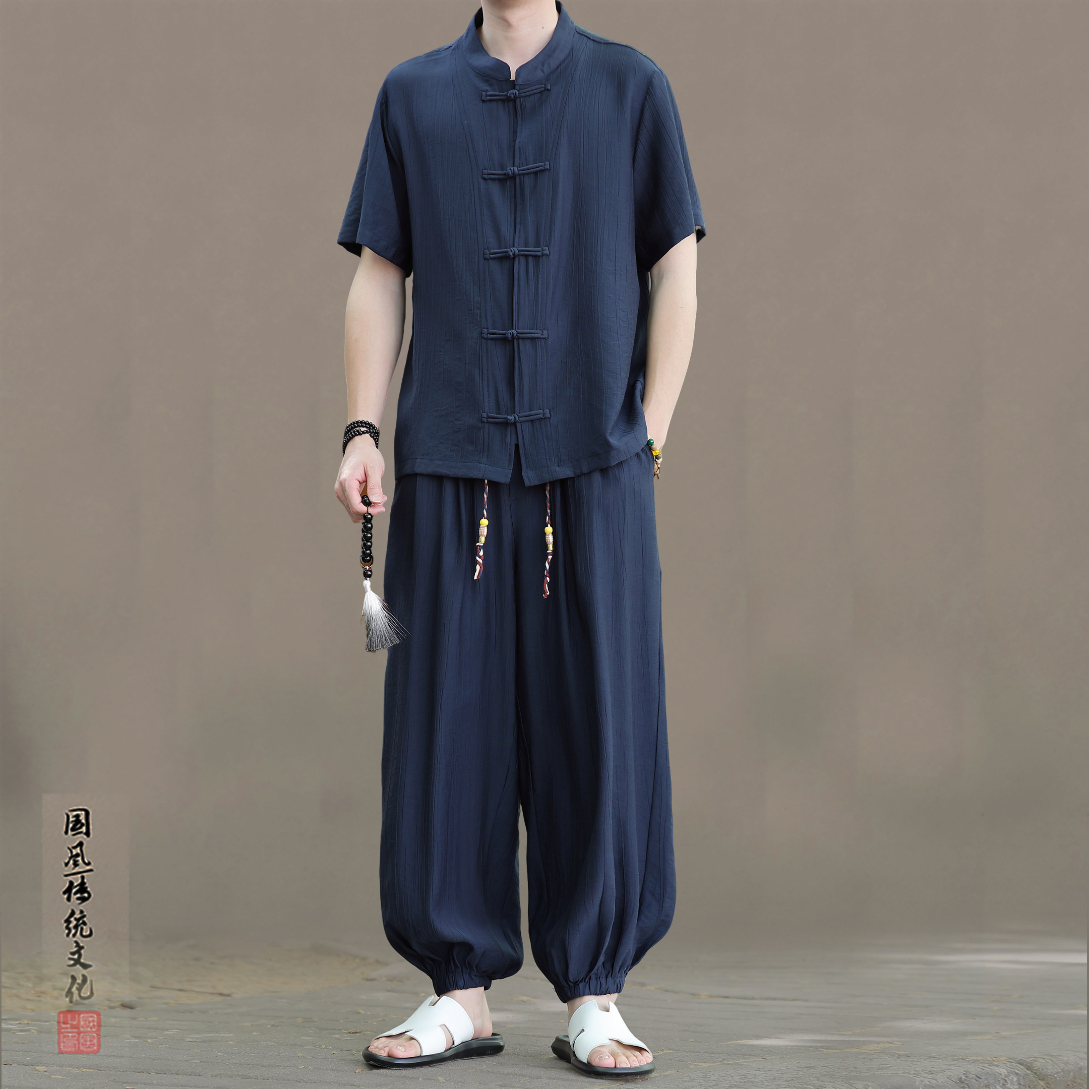 上衣+裤子 2026夏装休闲运动套装薄款短袖衬衫中年爸爸装新中式