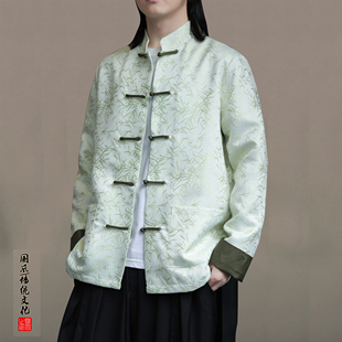 新中式唐装男款夹克国风竹叶提花汉服外套潮流青年中山装复古茶服