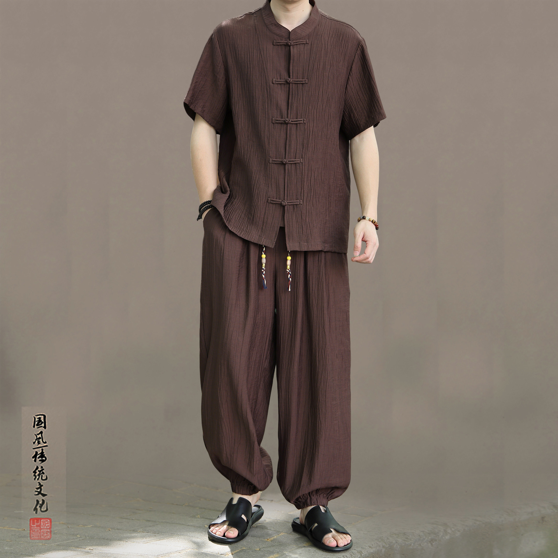 [上衣+裤子]唐装男款立领盘扣新中式国风男装夏季冰丝薄款中山装