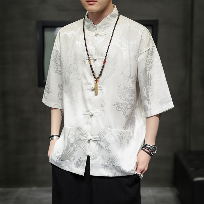 中国风男装冰丝短袖衬衫男夏季冰丝禅意太极服盘扣唐装汉服薄外套