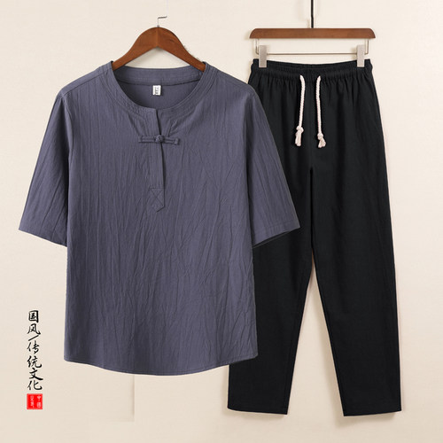 新中式亚麻男装中国风套装两件套中老年爸爸装短袖T恤复古茶服