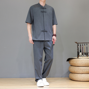 新中式 衬衫 中国风男装 天丝亚麻短袖 休闲两件套茶服 套装 2025夏季