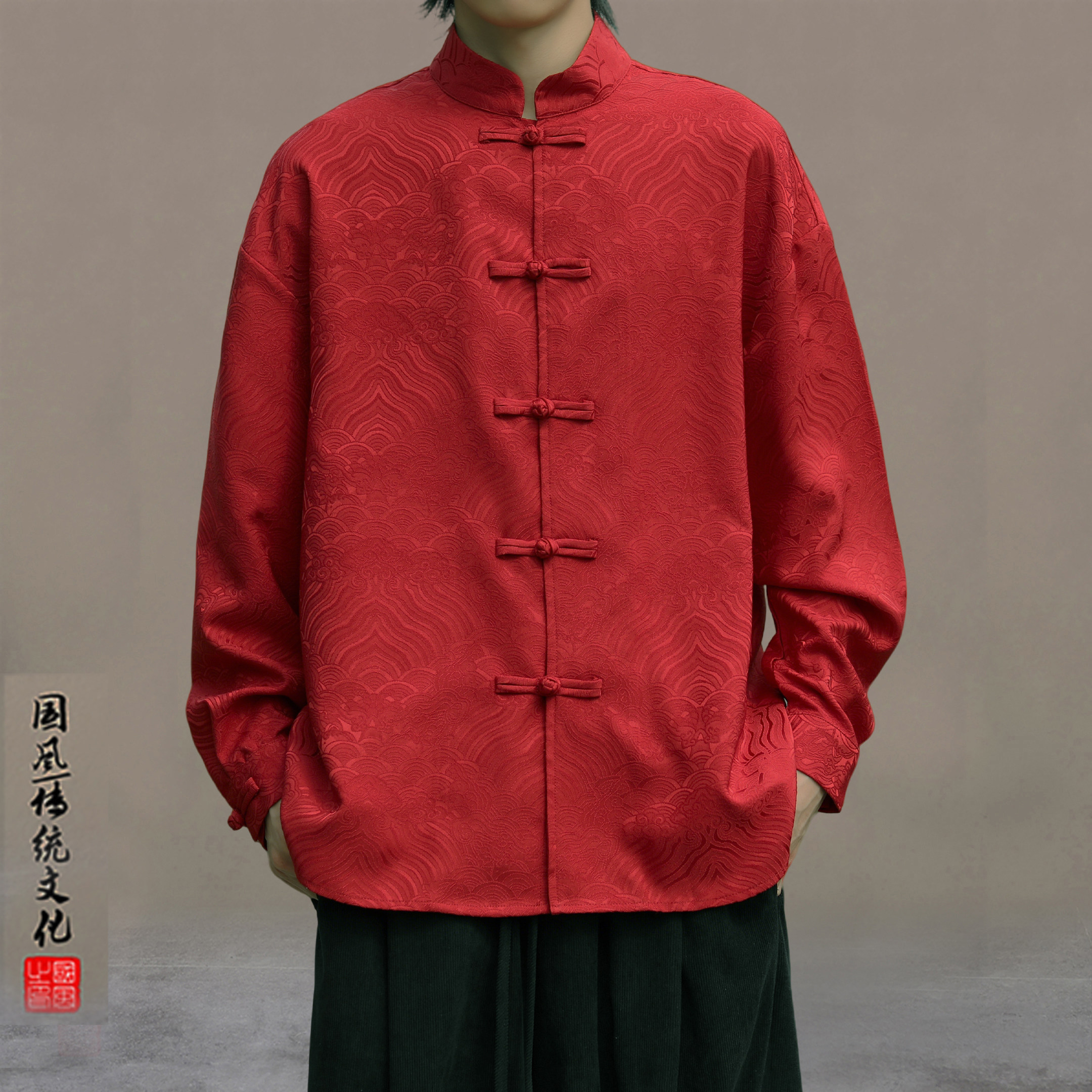 新中式男装红色衬衫高端衬衣