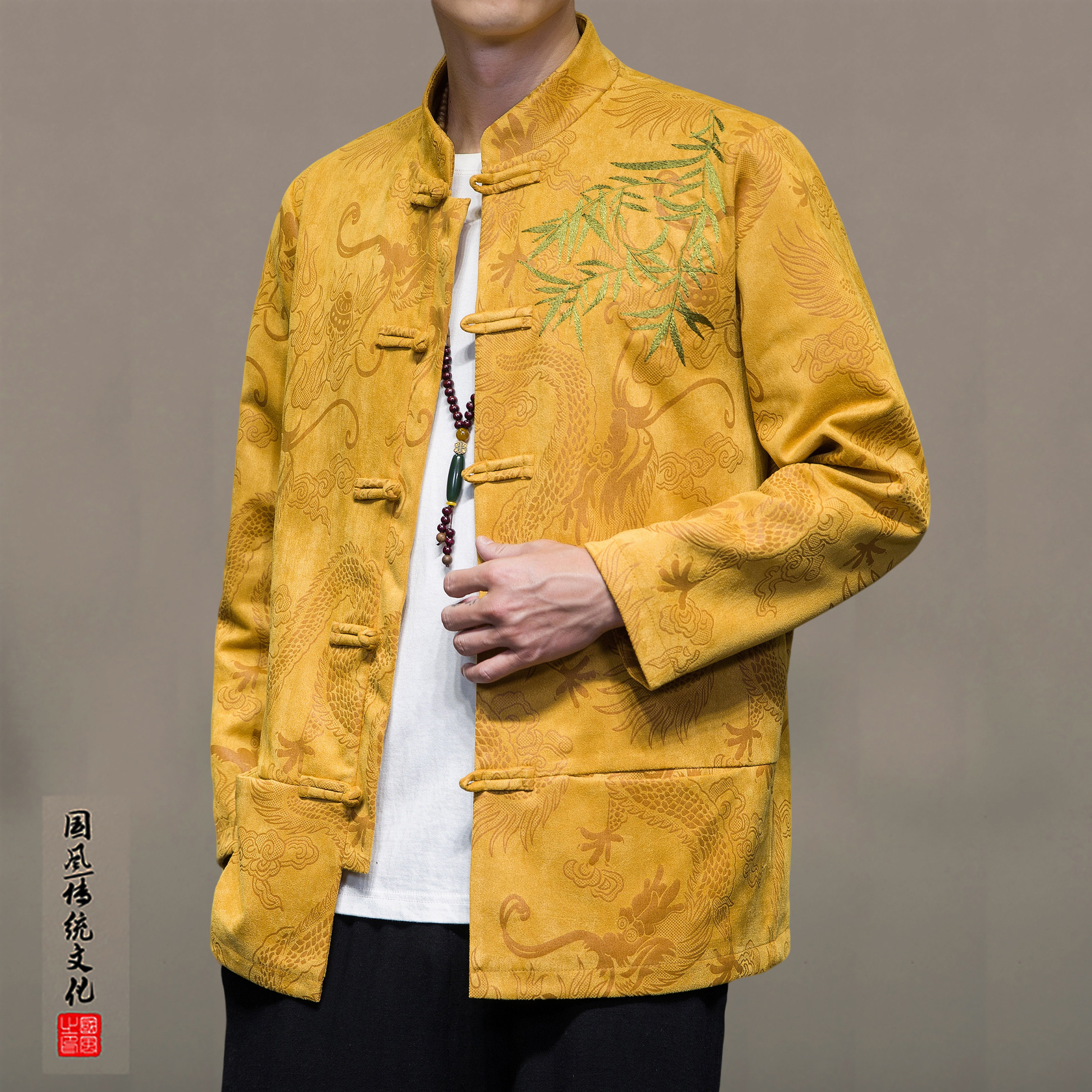 冬季高端外套男新中式复古立领夹克男鹿皮绒刺绣改良唐装汉服外衣,男装,秀禾服,淘宝优惠券,粉丝福利购,淘宝优惠卷