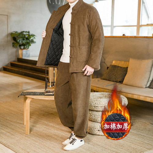 （一整套）冬装加棉加厚棉衣男装中国风中式灯芯绒唐装两件套棉袄