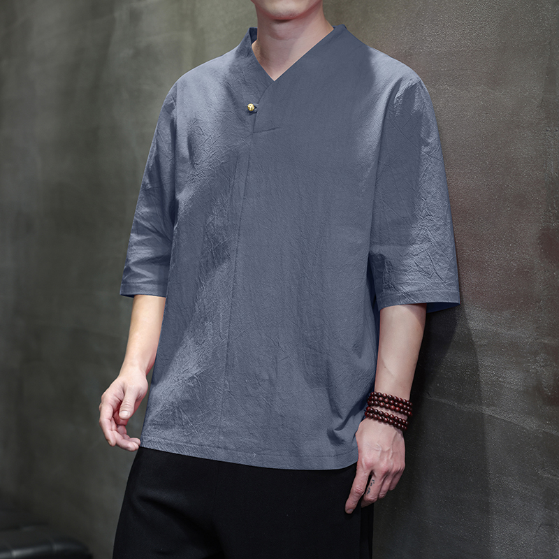 夏天衣服 新中式复古风套头T恤男中国风亚麻上衣大码禅修服茶服