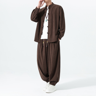 秋季中国风盘扣唐装两件套男装复古灯芯绒休闲中山装宽松茶服套装