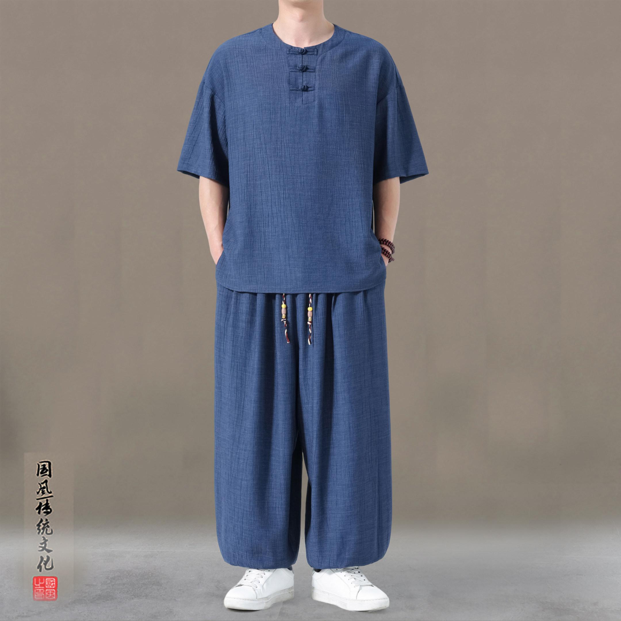 [中国风套装]新中式唐装男款复古盘扣t恤薄款夏季冰丝男装爸爸装