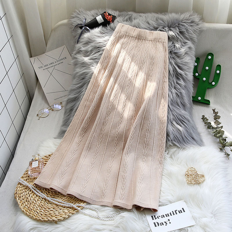 针织半身裙秋冬女中长款高腰a字伞裙2020年新款春秋季百褶长裙子