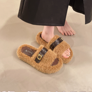 秋冬外穿巨好看得毛毛拖鞋女2026秋冬新款加绒厚底松糕一字棉拖鞋