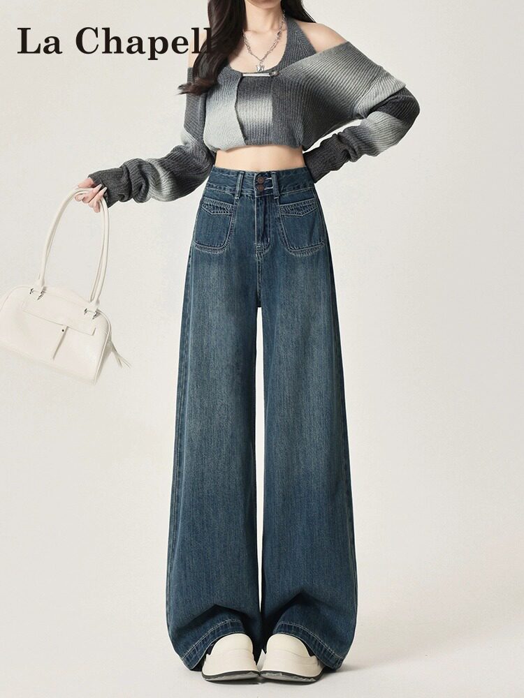 Lachapelle dark blue wide-leg jeans for women, autumn and winter 2025 new style, fleece-lined, high-waisted, loose, floor-length pants