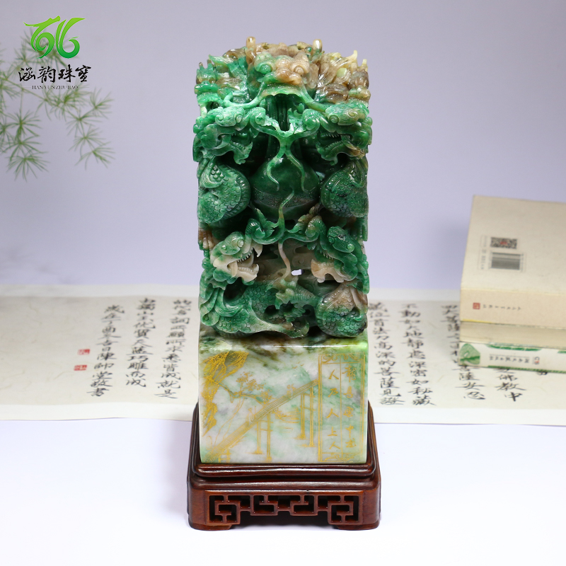 精品独山玉摆件九龙印章玉玺玉石玉雕办公桌家居礼品摆设