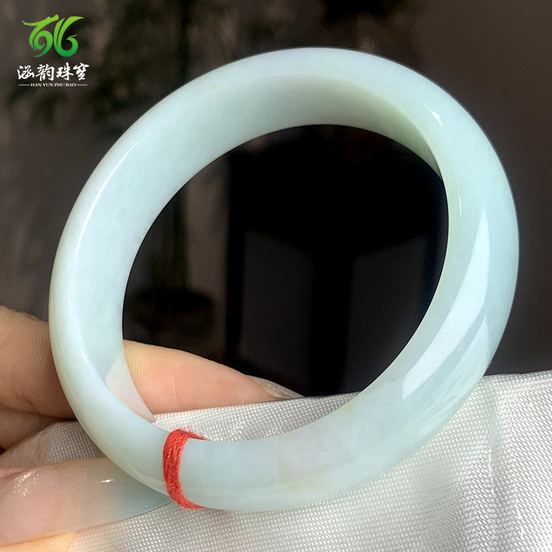 涵韵珠宝天然翡翠A货冰种手镯正圈扁条冰底豆色翡翠玉镯配证书