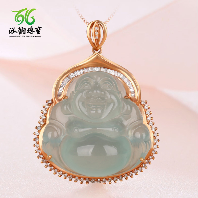 涵韵珠宝翡翠吊坠18K金镶翡翠冰种蓝水佛公吊坠女款送女友送妈妈