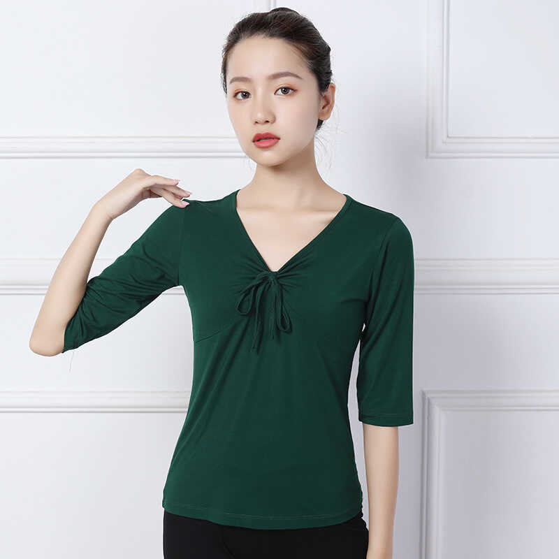 莫代尔现代舞蹈服V领上衣女中老年跳舞衣服短中袖玫红广场舞服装